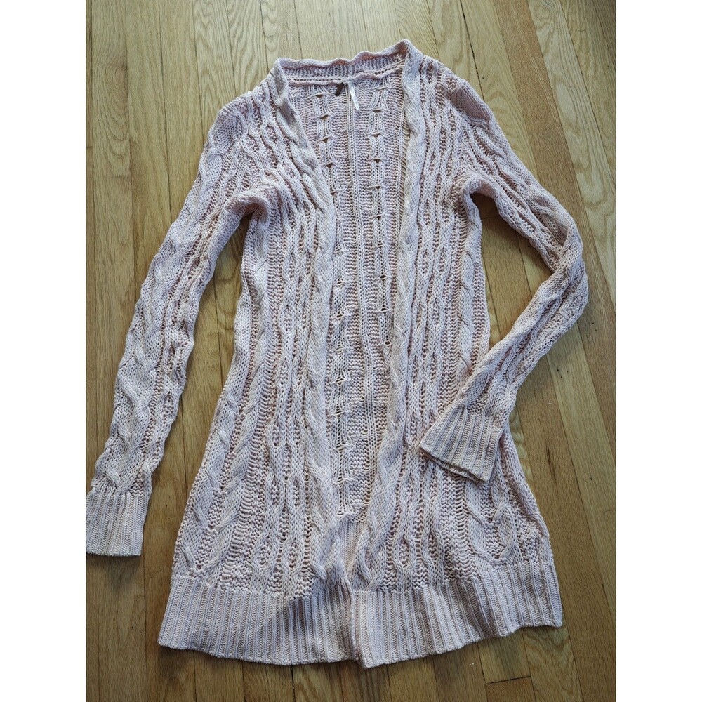 Free People Pink Cable Knit Cardigan Sweater Women's XS Cozy Boho Chunky Knit